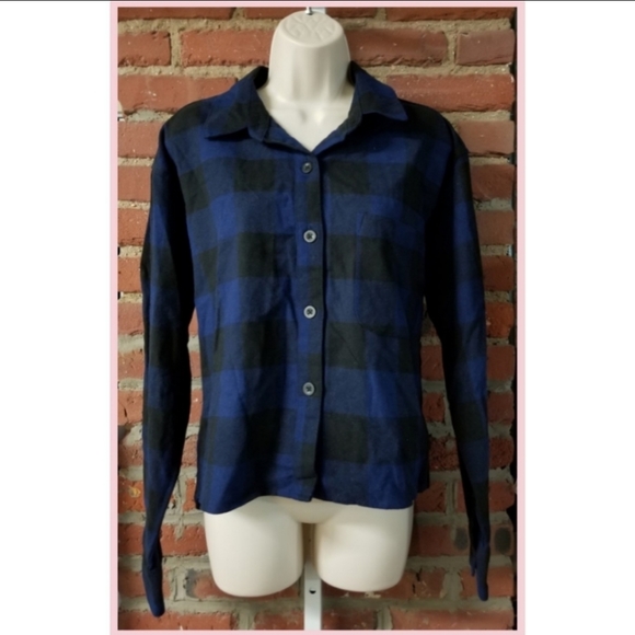 Navy Blue Plaid Flannel Button-Down Shirt - Picture 2 of 4